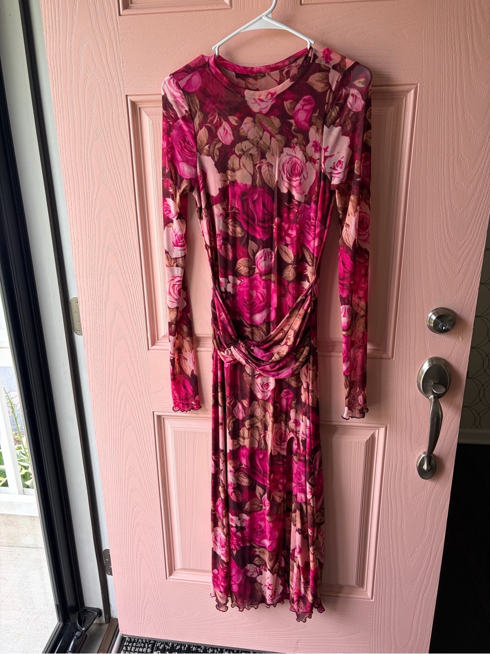 Free People Rose-Print Long Sleeve Midi Dress in Fuchsia and Brown